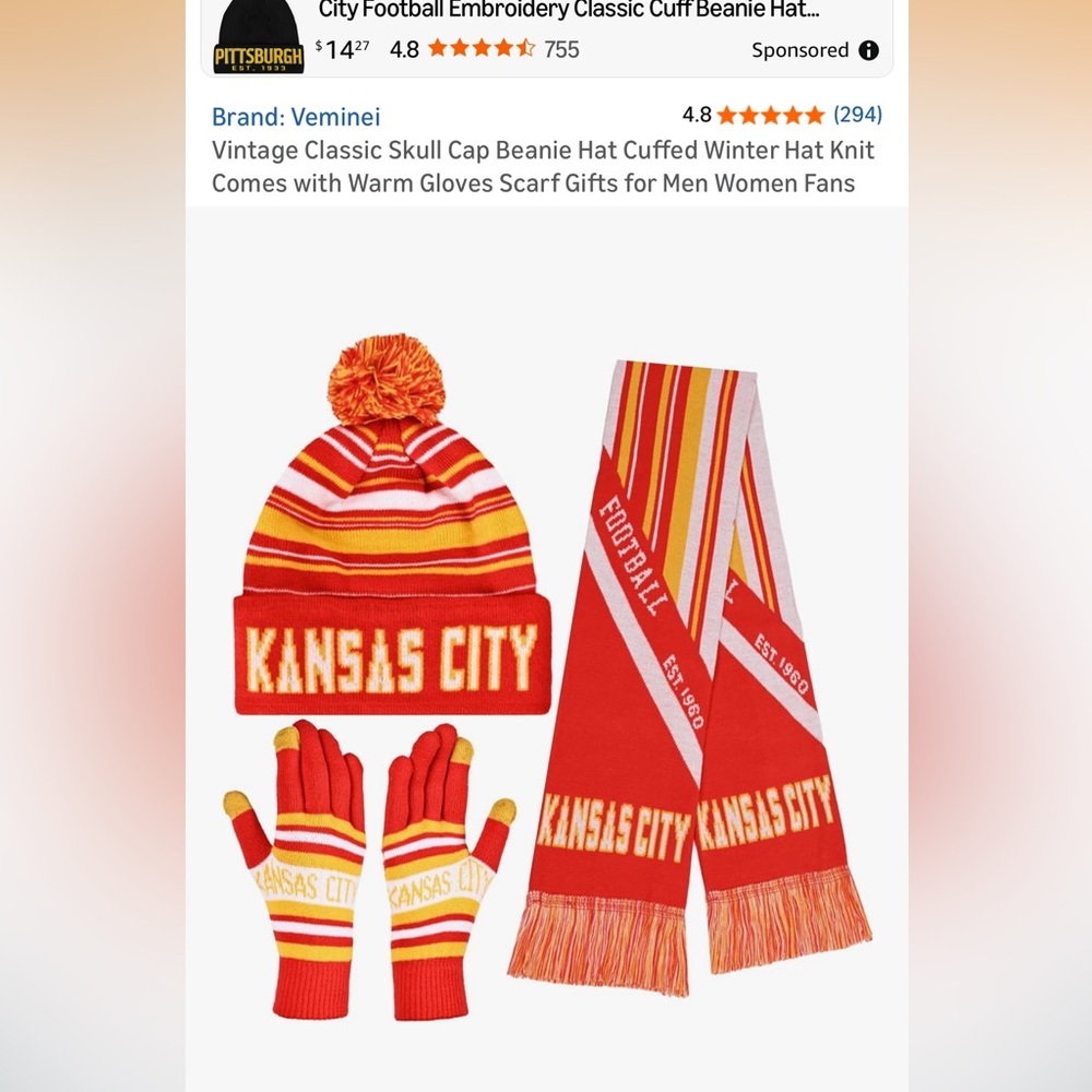 Kansas City Red & Gold Beanie, Scarf & Gloves Set